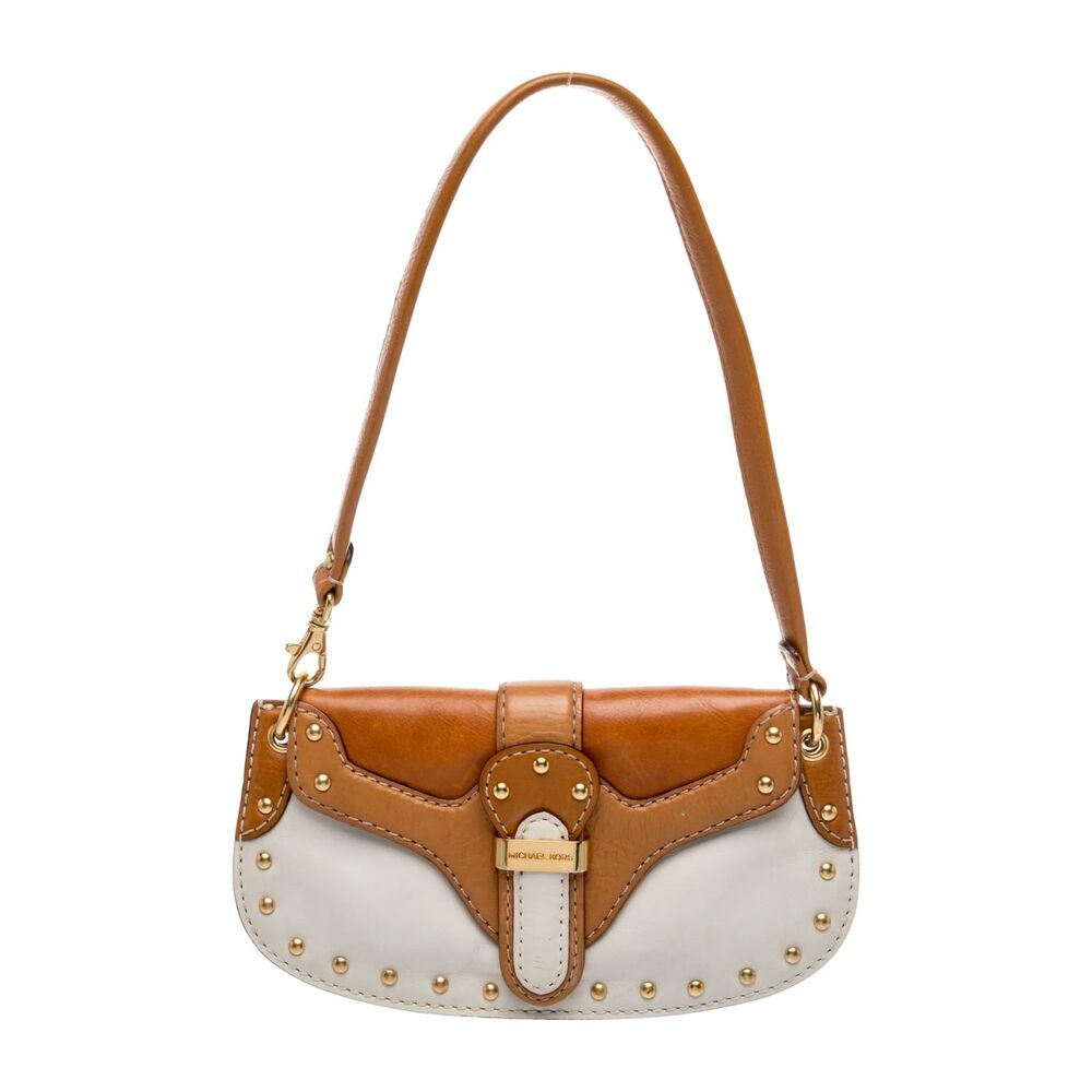 Michael Kors White Tan Leather Studded Shoulder Bag Gold Hardware Small